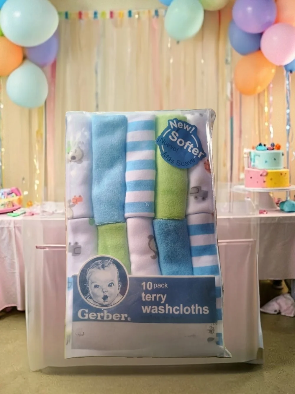 NEW- Gerber 10 Pack Terry Washcloths. Blue And Green With Various Themes